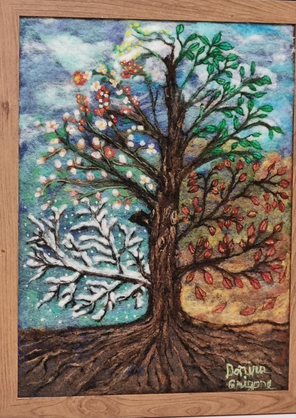 Tablou pictat în lână -Patru anotimpuri -Decoratiune de perete